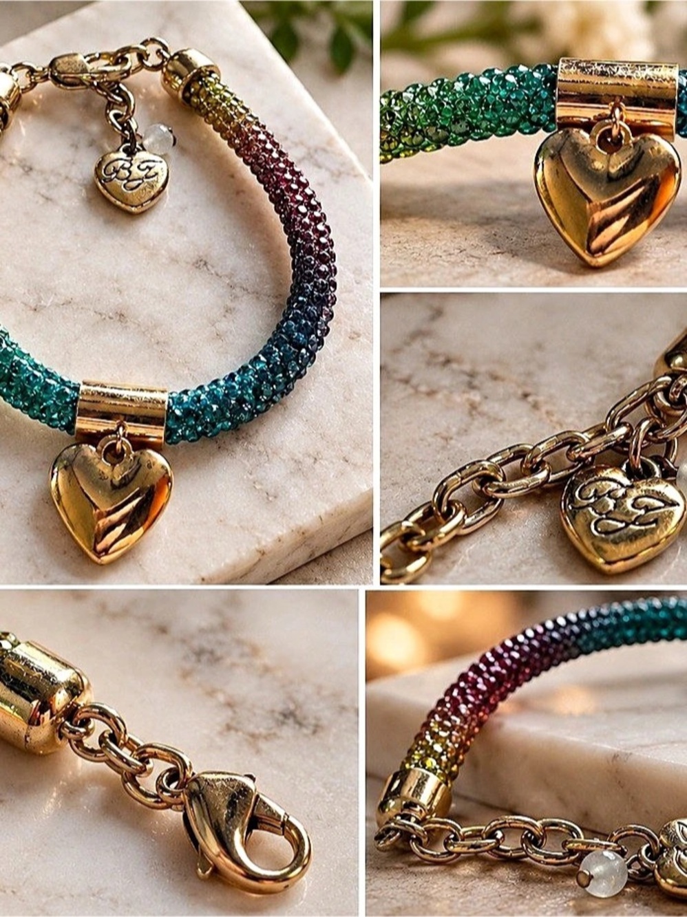 Betsey Johnson Beaded Heart Charm Bracelet in Green & Blue